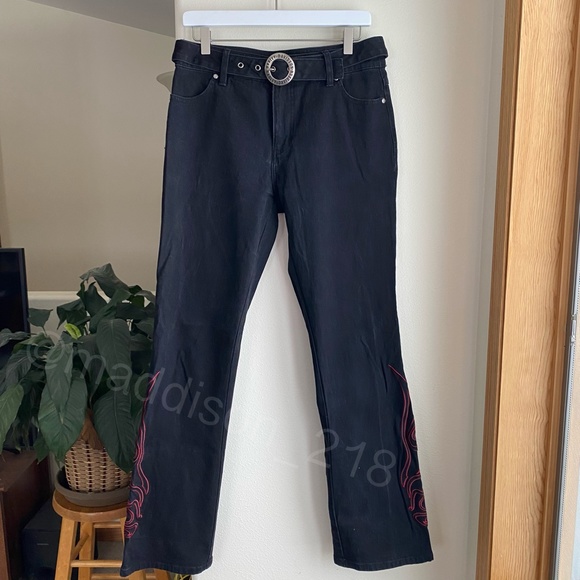 Harley Davidson Vintage Y2K Flame Embroidered Bootcut Flare Black Jeans 6 long - Picture 2 of 11
